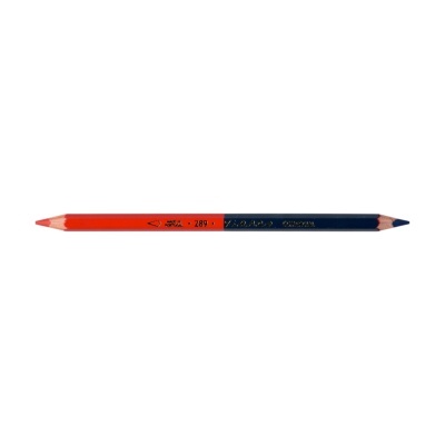 Lápis de desenho bicolor vermelho e azul escuro com texto dourado sobre fundo branco