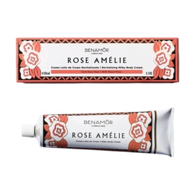 Embalagem e tubo branco com flores vermelhas e texto do creme Rose Amélie da Benamôr