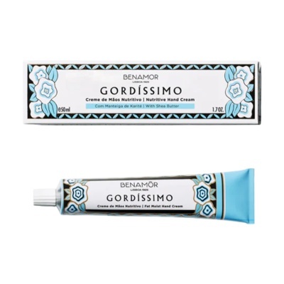 Creme de mãos nutritivo Benamôr Gordíssimo em tubo azul e branco com padrão floral