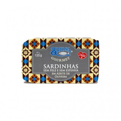 Lata de sardinhas Briosa Gourmet em azeite de oliveira 120g com padrão geométrico