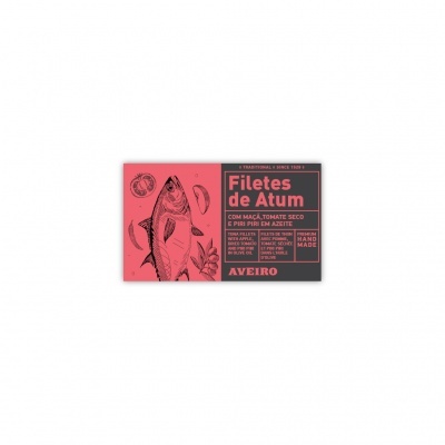Embalagem de filetes de atum Aveiro com ilustração de peixe e ingredientes