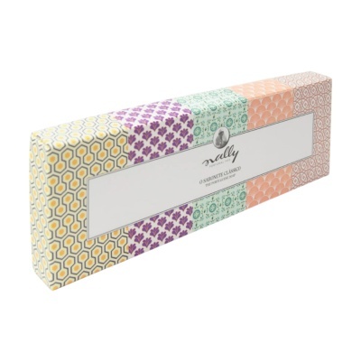 Caixa rectangular de sabão decorada com padrões coloridos e etiqueta branca com texto