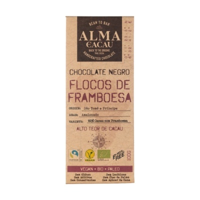 Embalagem de chocolate negro Alma Cacau flocos de framboesa 100g