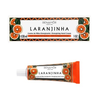 Tubo de creme para mãos Laranjinha da Benamôr com embalagem decorada com laranjas.
