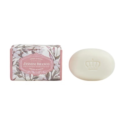 Sabonete branco oval com coroa e embalagem floral cor de rosa