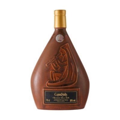 Garrafa de licor Capuchinha em cerâmica castanha com relevo e tampa dourada