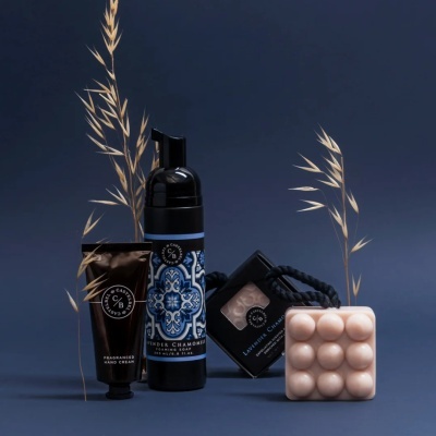 Conjunto de produtos de beleza com tubos e sabonetes sobre fundo azul escuro com plantas secas
