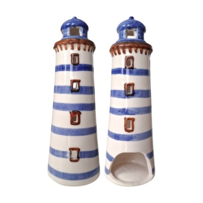 Par de faróis decorativos em cerâmica com riscas azuis e detalhes castanhos
