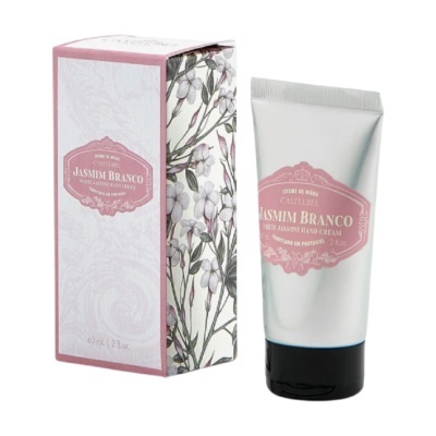 Creme de mãos Jasmim Branco Castelbel em tubo prateado com tampa preta e caixa com padrão floral