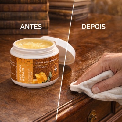 Frasco de cera para madeira BEE WAX REPAIR sobre madeira antes e depois da aplicação.