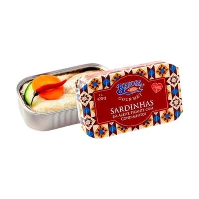 Lata de sardinhas em azeite picante com embalagem decorada e sardinhas visíveis na lata aberta