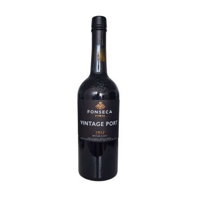 Garrafa de vinho do Porto vintage Fonseca 2017, vidro escuro, rótulo preto com texto