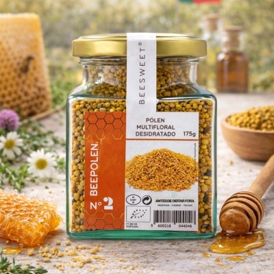 Frasco de vidro com pólen multifloral desidratado e tampa dourada