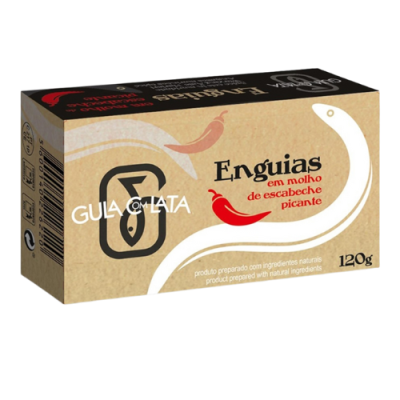 Conserva de enguias em molho de escabeche picante, embalagem castanha clara com texto e ilustrações