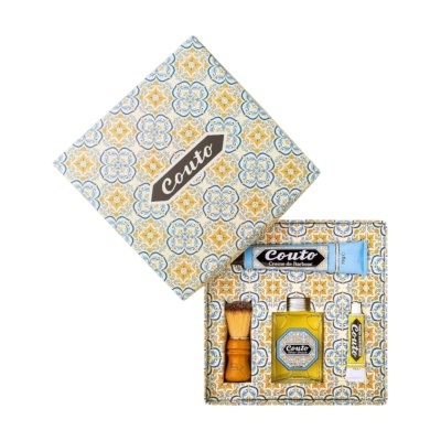 Conjunto de barbear Couto com caixa decorada a padrão azulejo amarelo e azul