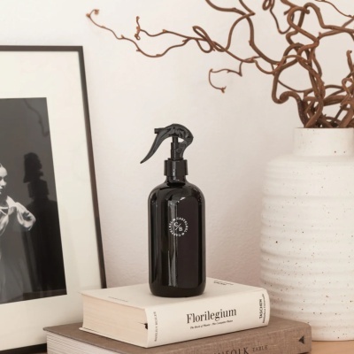 Frasco spray preto em vidro sobre livros ao lado de vaso branco com galhos secos e fotografia em moldura preta