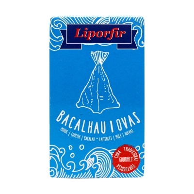 Embalagem azul de bacalhau e ovas Liporfir com desenho branco e selo vermelho.