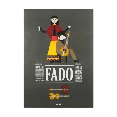 Ilustração de fadistas a cantar e tocar guitarra com texto sobre o fado