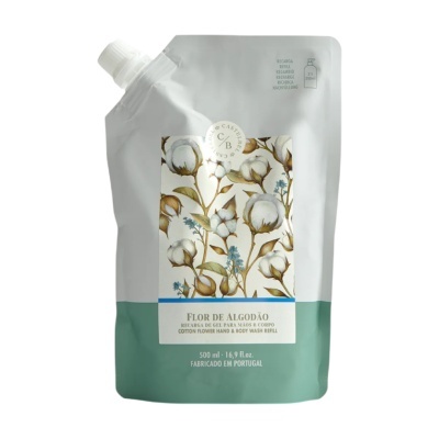 Recarga gel Flor de Algodão embalagem branca e verde com flores de algodão