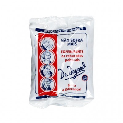 Embalagem branca de rebuçados peitorais Dr. Bayard com texto em azul e vermelho e imagens de rostos.