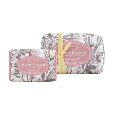 Duas embalagens de sabonete aromático Jasmim Branco com padrão floral e etiquetas rosa.