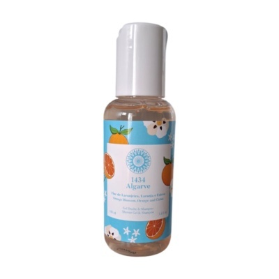 Frasco de gel de duche e shampoo 1434 Algarve com design azul e laranjas