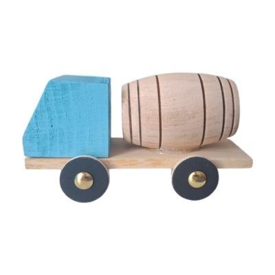 Toy wooden cement truck with blue cabin and wooden barrel tank