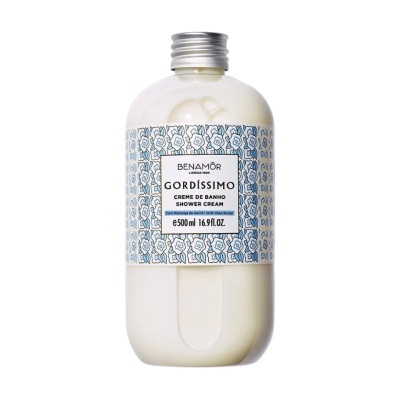 Frasco de creme de banho Benamôr Gordíssimo com rótulo floral azul e branco