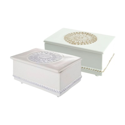 Duas caixas retangulares decorativas brancas com padrão circular no topo.
