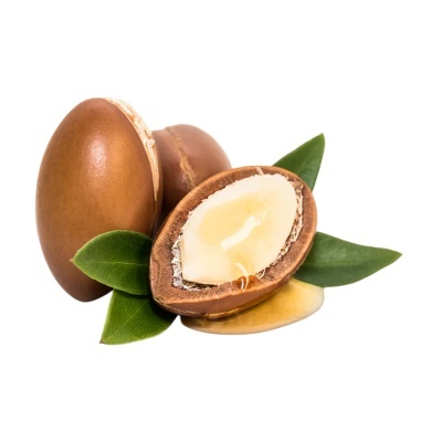Nozes de argan com uma cortada ao meio mostrando a semente interna e folhas verdes