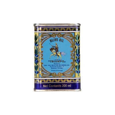 Lata de azeite metálica azul, dourada e roxa com texto e figura central