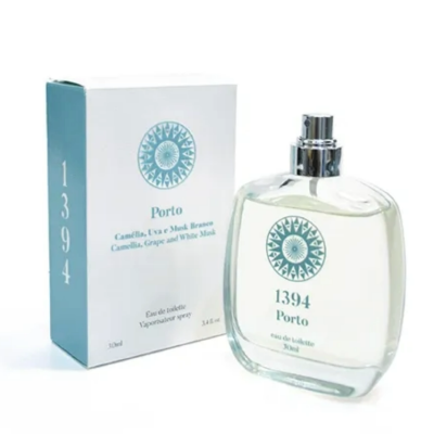 Perfume 1394 Porto em frasco transparente com caixa branca e azul