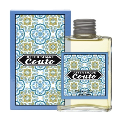 Frasco de vidro de after shave Couto com embalagem decorada azul e amarelo