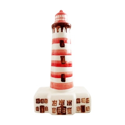Miniatura de farol em cerâmica com riscas vermelhas e brancas