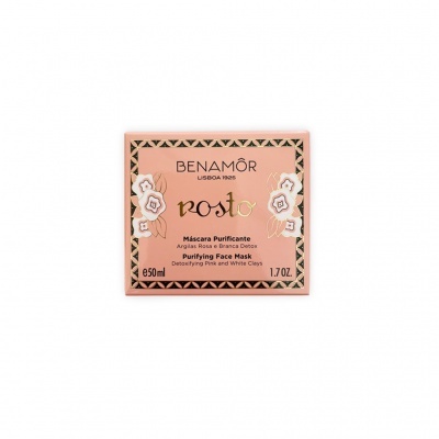 Embalagem de máscara facial purificante Benamôr Rosa cor-de-rosa com design floral e texto castanho
