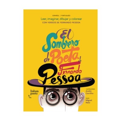 Capa de livro colorida com ilustração de rosto, óculos e chapéu e vários textos em espanhol e português