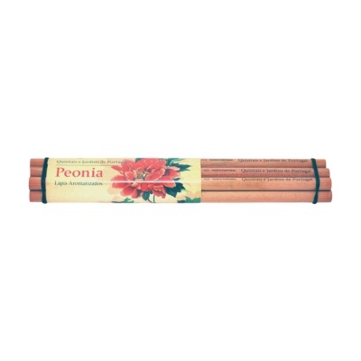 Lápis aromatizados Peonia em madeira com embalagem decorativa amarela e flor vermelha