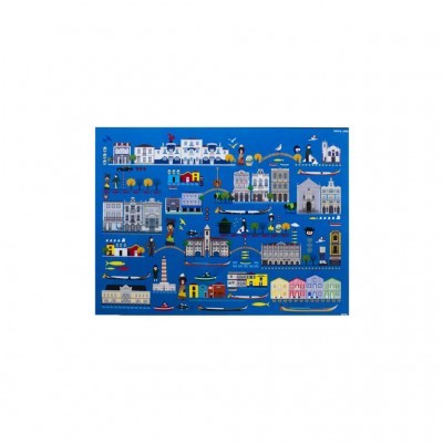 Tapete azul com estampas coloridas de edifícios e elementos urbanos em estilo gráfico.