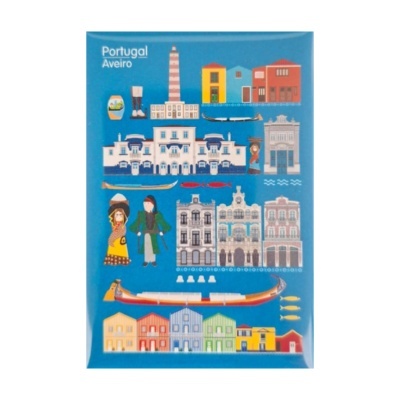 Magnet metálico ilustrado de Aveiro Portugal com edifícios, barcos e figuras tradicionais