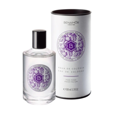Frasco de água de colónia Benamôr com embalagem branca e detalhes em roxo