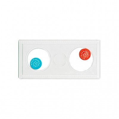 Prancheta transparente com discos dentados azul e vermelho