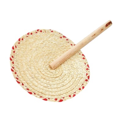 Leque de mão redondo em palha com cabo de madeira