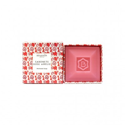 Sabonete Rose Amélie da Benamôr numa caixa decorada com padrão floral vermelho e branco