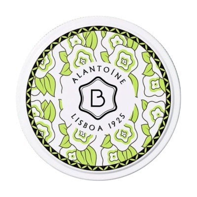 Tampa circular branca com padrão floral verde e branco e texto ALANTOINE LISBOA 1925 em preto