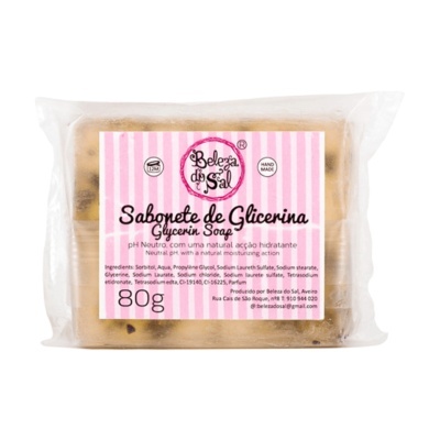 Sabonete de glicerina embalado com etiqueta rosa às riscas brancas