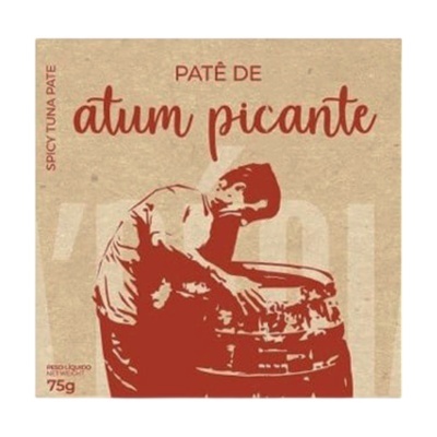 Embalagem bege e castanha de patê de atum picante com ilustração de pessoa junto a barril
