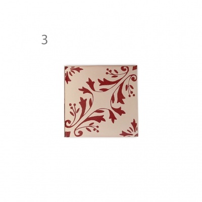 Azulejo quadrado creme com padrão floral vermelho e número 3 cinza no fundo