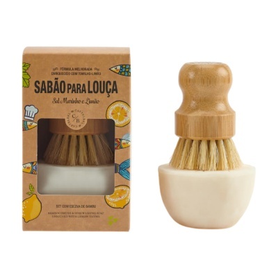 Sabão para louça com escova de bambu e embalagem castanha decorada