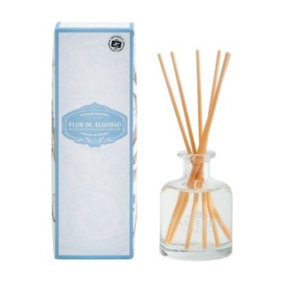 Difusor de fragrância Flor de Algodão com frasco de vidro e varetas