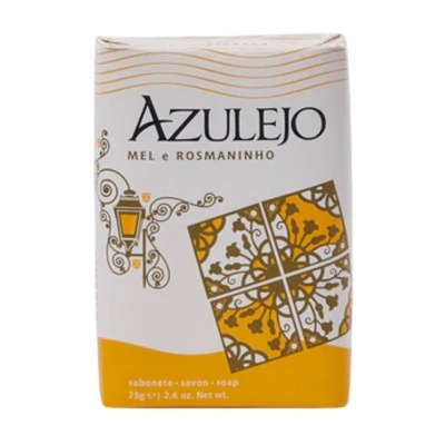 Embalagem de sabonete Azulejo mel e rosmaninho com padrão floral dourado